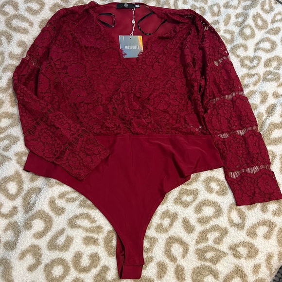 Missguided Curve Eyelash Lace Plunge Bodysuit Red - Picture 1 of 5